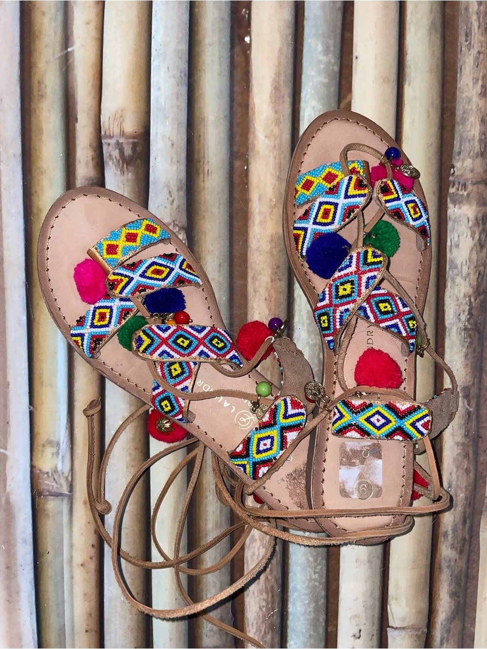 Chinese Laundry Multicolor Beaded Pom Pom Lace-Up Sandals